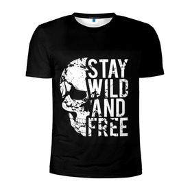 Мужская футболка 3D спортивная с принтом Stay wild and free в городе Новоалтайск, 100% полиэстер с улучшенными характеристиками | приталенный силуэт, круглая горловина, широкие плечи, сужается к линии бедра | Тематика изображения на принте: background | black | day of the dead | death | drawing | f | free | halloween | inscription | skeleton | skull | stay | symbol | text | wild | день мертвых | дикий | надпись | оставайся | рисунок | свободный | символ | скелет | текст | фон | хэлл