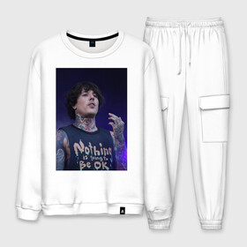 Мужской костюм хлопок с принтом Oliver Sykes в городе Новоалтайск, 100% хлопок | на свитшоте круглая горловина, мягкая резинка по низу. Брюки заужены к низу, на них два вида карманов: два “обычных” по бокам и два объемных, с клапанами, расположенные ниже линии бедра. Брюки с мягкой трикотажной резинкой на поясе и по низу штанин. В поясе для дополнительного комфорта — широкие завязки | bmth | bring me the horizon | drop dead | man | oliver | sykes | tatoos | вокалист | метал | музыка | оливер | оливер сайкс | певец | рок | сайкс | солист | тату | татуировки | человек