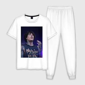 Мужская пижама хлопок с принтом Oliver Sykes в городе Новоалтайск, 100% хлопок | брюки и футболка прямого кроя, без карманов, на брюках мягкая резинка на поясе и по низу штанин
 | bmth | bring me the horizon | drop dead | man | oliver | sykes | tatoos | вокалист | метал | музыка | оливер | оливер сайкс | певец | рок | сайкс | солист | тату | татуировки | человек