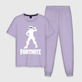 Мужская пижама хлопок с принтом FORTNITE x MARSHMELLO в городе Новоалтайск, 100% хлопок | брюки и футболка прямого кроя, без карманов, на брюках мягкая резинка на поясе и по низу штанин
 | 2019 | armor | armour | cybersport | esport | fortnite | game | llama | logo | броня | игра | киберспорт | лама | фиолетовый | фирменные цвета | фортнайт