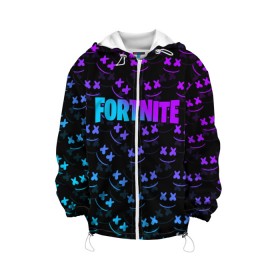 Детская куртка 3D с принтом FORTNITE x MARSHMELLO в городе Новоалтайск, 100% полиэстер | застежка — молния, подол и капюшон оформлены резинкой с фиксаторами, по бокам — два кармана без застежек, один потайной карман на груди, плотность верхнего слоя — 90 г/м2; плотность флисового подклада — 260 г/м2 | 2019 | armor | armour | cybersport | esport | fortnite | game | llama | logo | броня | игра | киберспорт | лама | фиолетовый | фирменные цвета | фортнайт