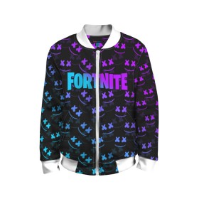 Детский бомбер 3D с принтом FORTNITE x MARSHMELLO в городе Новоалтайск, 100% полиэстер | застегивается на молнию, по бокам два кармана без застежек, мягкие манжеты, по низу бомбера и на воротнике — эластичная резинка | 2019 | armor | armour | cybersport | esport | fortnite | game | llama | logo | броня | игра | киберспорт | лама | фиолетовый | фирменные цвета | фортнайт