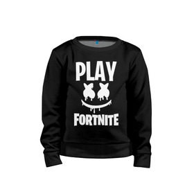 Детский свитшот хлопок с принтом FORTNITE x MARSHMELLO в городе Новоалтайск, 100% хлопок | круглый вырез горловины, эластичные манжеты, пояс и воротник | 2019 | armor | armour | cybersport | esport | fortnite | game | llama | logo | броня | игра | киберспорт | лама | фиолетовый | фирменные цвета | фортнайт