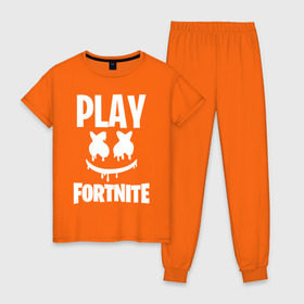 Женская пижама хлопок с принтом FORTNITE x MARSHMELLO в городе Новоалтайск, 100% хлопок | брюки и футболка прямого кроя, без карманов, на брюках мягкая резинка на поясе и по низу штанин | 2019 | armor | armour | cybersport | esport | fortnite | game | llama | logo | броня | игра | киберспорт | лама | фиолетовый | фирменные цвета | фортнайт