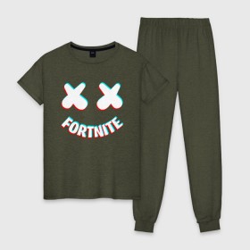 Женская пижама хлопок с принтом FORTNITE x MARSHMELLO в городе Новоалтайск, 100% хлопок | брюки и футболка прямого кроя, без карманов, на брюках мягкая резинка на поясе и по низу штанин | 2019 | armor | armour | cybersport | esport | fortnite | game | llama | logo | marshmello | броня | игра | киберспорт | лама | фиолетовый | фирменные цвета | фортнайт
