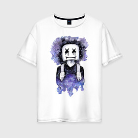 Женская футболка хлопок Oversize с принтом Marshmello в городе Новоалтайск, 100% хлопок | свободный крой, круглый ворот, спущенный рукав, длина до линии бедер
 | epic games | fortnite | game | marshmello | глаза | диджей | ивент | игра | космос | крест | маршмеллоу | музыка | небо | прогрессив | трэп | улыбка | фортнайт | электро