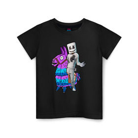 Детская футболка хлопок с принтом FORTNITE x Marshmello в городе Новоалтайск, 100% хлопок | круглый вырез горловины, полуприлегающий силуэт, длина до линии бедер | Тематика изображения на принте: battle royale | br | fornait | fortnait | fortnite | games | makatao | marshmello | music | skin. dj | батл рояль | бр | игры | маршмело | скин | форнайт | фортнайт