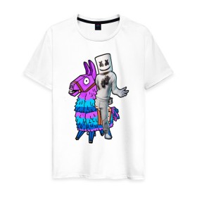 Мужская футболка хлопок с принтом FORTNITE x Marshmello в городе Новоалтайск, 100% хлопок | прямой крой, круглый вырез горловины, длина до линии бедер, слегка спущенное плечо. | battle royale | br | fornait | fortnait | fortnite | games | makatao | marshmello | music | skin. dj | батл рояль | бр | игры | маршмело | скин | форнайт | фортнайт
