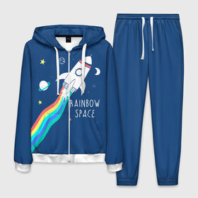 Мужской костюм 3D с принтом Rainbow space в городе Новоалтайск, 100% полиэстер | Манжеты и пояс оформлены тканевой резинкой, двухслойный капюшон со шнурком для регулировки, карманы спереди | children | drawing | fire | flight | infinity | moon | planets | rainbow | rocket | space | stars | train | universe | wh | белый | бесконечность | вселенная | детский | звезды | космос | луна | надпись | огонь | планеты | полет | радуга | ракета | рисуно