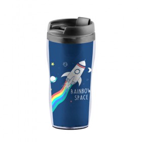 Термокружка-непроливайка с принтом Rainbow space в городе Новоалтайск, внутренняя часть — пищевой пластик, наружная часть — прозрачный пластик, между ними — полиграфическая вставка с рисунком | объем — 350 мл, герметичная крышка | Тематика изображения на принте: children | drawing | fire | flight | infinity | moon | planets | rainbow | rocket | space | stars | train | universe | wh | белый | бесконечность | вселенная | детский | звезды | космос | луна | надпись | огонь | планеты | полет | радуга | ракета | рисуно