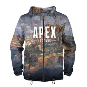 Мужская ветровка 3D с принтом APEX LEGENDS в городе Новоалтайск, 100% полиэстер | подол и капюшон оформлены резинкой с фиксаторами, два кармана без застежек по бокам, один потайной карман на груди | Тематика изображения на принте: apex | legend | legends | titanfall | апекс | бангалор | бладхаунд | верхушки | гибралтар | каустик | лайфлайн | легенда | легенды | ледженд | леджендс | мираж | рэйф | титанфол