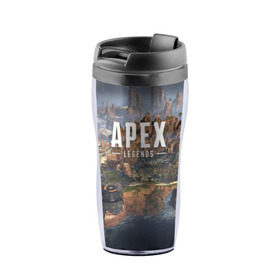 Термокружка-непроливайка с принтом APEX LEGENDS в городе Новоалтайск, внутренняя часть — пищевой пластик, наружная часть — прозрачный пластик, между ними — полиграфическая вставка с рисунком | объем — 350 мл, герметичная крышка | apex | legend | legends | titanfall | апекс | бангалор | бладхаунд | верхушки | гибралтар | каустик | лайфлайн | легенда | легенды | ледженд | леджендс | мираж | рэйф | титанфол