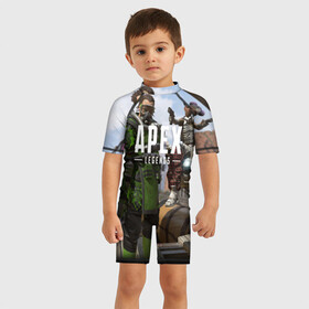 Детский купальный костюм 3D с принтом APEX LEGENDS в городе Новоалтайск, Полиэстер 85%, Спандекс 15% | застежка на молнии на спине | apex | legend | legends | titanfall | апекс | бангалор | бладхаунд | верхушки | гибралтар | каустик | лайфлайн | легенда | легенды | ледженд | леджендс | мираж | рэйф | титанфол