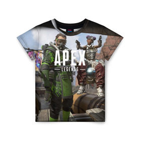 Детская футболка 3D с принтом APEX LEGENDS в городе Новоалтайск, 100% гипоаллергенный полиэфир | прямой крой, круглый вырез горловины, длина до линии бедер, чуть спущенное плечо, ткань немного тянется | apex | legend | legends | titanfall | апекс | бангалор | бладхаунд | верхушки | гибралтар | каустик | лайфлайн | легенда | легенды | ледженд | леджендс | мираж | рэйф | титанфол