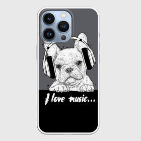 Чехол для iPhone 13 Pro с принтом I love music… в городе Новоалтайск,  |  | Тематика изображения на принте: animal | black | breed | dog | drawing | fon | graphics | gray | head | headphones | i | inscription | look | love | music | muzzle | text | взгляд | голова | графика | животное | люблю | музыка | надпись | наушники | порода | рисунок | серый | со