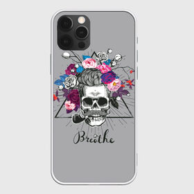 Чехол для iPhone 12 Pro Max с принтом Breathe в городе Новоалтайск, Силикон |  | Тематика изображения на принте: berr | bones | breathe | flowers | skeleton | skull | венок | графика | день мертвых | дышать | звезды | кости | ленты | лучи | мексика | праздник | рисунок | розы | серый | символ | скелет | треугольник | трубка | усы | фон