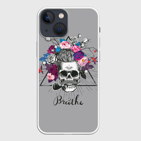 Чехол для iPhone 13 mini с принтом Breathe в городе Новоалтайск,  |  | berr | bones | breathe | flowers | skeleton | skull | венок | графика | день мертвых | дышать | звезды | кости | ленты | лучи | мексика | праздник | рисунок | розы | серый | символ | скелет | треугольник | трубка | усы | фон