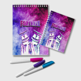Блокнот с принтом FORTNITE & MARSHMELLO (COLOR) в городе Новоалтайск, 100% бумага | 48 листов, плотность листов — 60 г/м2, плотность картонной обложки — 250 г/м2. Листы скреплены удобной пружинной спиралью. Цвет линий — светло-серый
 | color | fortnite | fortnite 2 | fortnite x | geometry | marshmello | ninja | streamer | texture | абстракция | геометрия | дизайн | дым | игра | красочный дым | маршмелло | ниндзя | радуга | силуэт | стиль | текстура | улыбка | 