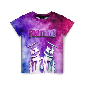 Детская футболка 3D с принтом Fortnite & Marshmello (Color). в городе Новоалтайск, 100% гипоаллергенный полиэфир | прямой крой, круглый вырез горловины, длина до линии бедер, чуть спущенное плечо, ткань немного тянется | color | fortnite | fortnite 2 | fortnite x | geometry | marshmello | ninja | streamer | texture | абстракция | геометрия | дизайн | дым | игра | красочный дым | маршмелло | ниндзя | радуга | силуэт | стиль | текстура | улыбка | 