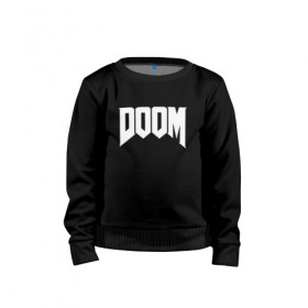 Детский свитшот хлопок с принтом DOOM в городе Новоалтайск, 100% хлопок | круглый вырез горловины, эластичные манжеты, пояс и воротник | devil | doom | hell | mark of the doom slayer | slayer | ад | гарнил | дум | знаки | иероглифы | компьютерные игры 2019 | преисподняя | символ | солдат