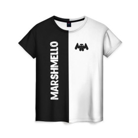 Женская футболка 3D с принтом Marshmello в городе Новоалтайск, 100% полиэфир ( синтетическое хлопкоподобное полотно) | прямой крой, круглый вырез горловины, длина до линии бедер | black and white | christopher comstock | dj | marshmello | music | диджей | клубная музыка | клубняк | крис комсток | логотип | маршмэллоу | музыка | черно белый