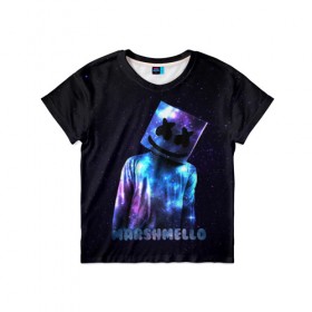 Детская футболка 3D с принтом Marshmello в городе Новоалтайск, 100% гипоаллергенный полиэфир | прямой крой, круглый вырез горловины, длина до линии бедер, чуть спущенное плечо, ткань немного тянется | Тематика изображения на принте: marshmello | диджей | звезды | клуб | клубная музыка | космос | маршмеллоу | маршмэлло | маршмэллоу | музыка | небо | ночь | электронная