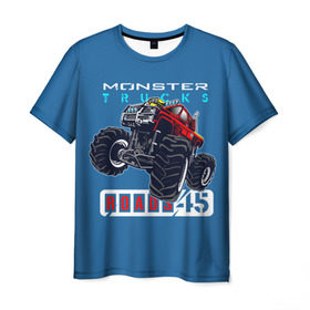 Мужская футболка 3D с принтом Monster trucks в городе Новоалтайск, 100% полиэфир | прямой крой, круглый вырез горловины, длина до линии бедер | beakfoot | big | huge | monster | tread | truck | wheels | авто | бикфут | большие | вездеход | внедорожник | графика | грузовик | зверь | колеса | крутой | лучший | машина | монстр | мощность | надпись | огромные | протектор