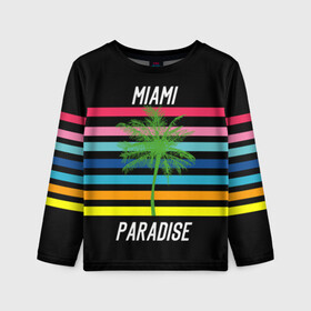 Детский лонгслив 3D с принтом Miami Paradise в городе Новоалтайск, 100% полиэстер | длинные рукава, круглый вырез горловины, полуприлегающий силуэт
 | america | city | colorful | drawing | grap | miami | palm tree | paradise | recreation | resort | stripes | tree | usa | world | америка | город | графика | дерево | курорт | майами | мировой | надпись | отдых | пальма | полосы | разноцветные | рай | рису