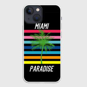 Чехол для iPhone 13 mini с принтом Miami Paradise в городе Новоалтайск,  |  | Тематика изображения на принте: america | city | colorful | drawing | grap | miami | palm tree | paradise | recreation | resort | stripes | tree | usa | world | америка | город | графика | дерево | курорт | майами | мировой | надпись | отдых | пальма | полосы | разноцветные | рай | рису