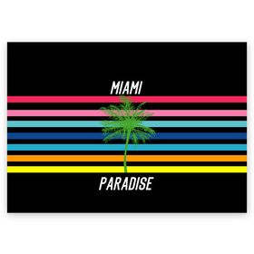 Поздравительная открытка с принтом Miami Paradise в городе Новоалтайск, 100% бумага | плотность бумаги 280 г/м2, матовая, на обратной стороне линовка и место для марки
 | america | city | colorful | drawing | grap | miami | palm tree | paradise | recreation | resort | stripes | tree | usa | world | америка | город | графика | дерево | курорт | майами | мировой | надпись | отдых | пальма | полосы | разноцветные | рай | рису