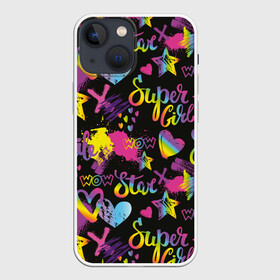 Чехол для iPhone 13 mini с принтом Super Girl в городе Новоалтайск,  |  | girl | hearts | rainbow | raster | spectrum | splashes | spots | star | super | абстракция | брызги | графика | девушка | звезда | кислотный | любовь | мечта | надпись | праздник | пятна | радуга | растр | рисунок | сердца | спектр