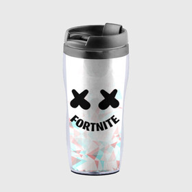 Термокружка-непроливайка с принтом FORTNITE x MARSHMELLO в городе Новоалтайск, внутренняя часть — пищевой пластик, наружная часть — прозрачный пластик, между ними — полиграфическая вставка с рисунком | объем — 350 мл, герметичная крышка | 2019 | dj | fortnite | game | glitch | marshmello | usa | америка | глитч | игра | клубная музыка | маршмелло | музыка | музыкант | ф | фортнайт