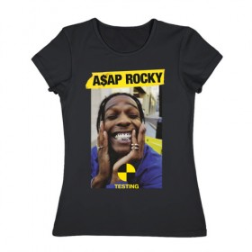 Женская футболка хлопок с принтом A$AP ROCKY в городе Новоалтайск, 100% хлопок | прямой крой, круглый вырез горловины, длина до линии бедер, слегка спущенное плечо | aap | asap | mob | rap | rocky | testing | асап | банда | моб | раким | реп | роки | рэп | рэпер | тестинг | эйсап | эсап