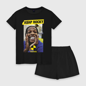 Женская пижама с шортиками хлопок с принтом ASAP ROCKY в городе Новоалтайск, 100% хлопок | футболка прямого кроя, шорты свободные с широкой мягкой резинкой | aap | asap | mob | rap | rocky | testing | асап | банда | моб | раким | реп | роки | рэп | рэпер | тестинг | эйсап | эсап