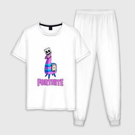 Мужская пижама хлопок с принтом Lama Marshmello в городе Новоалтайск, 100% хлопок | брюки и футболка прямого кроя, без карманов, на брюках мягкая резинка на поясе и по низу штанин
 | battle | dj | epic | fortnite | games | marshmallow | marshmello | royale | save | soldier | world | битва | диджей | королевская | маршмэллоу | солдат | фортнайт