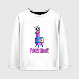 Детский лонгслив хлопок с принтом Lama Marshmello в городе Новоалтайск, 100% хлопок | круглый вырез горловины, полуприлегающий силуэт, длина до линии бедер | battle | dj | epic | fortnite | games | marshmallow | marshmello | royale | save | soldier | world | битва | диджей | королевская | маршмэллоу | солдат | фортнайт