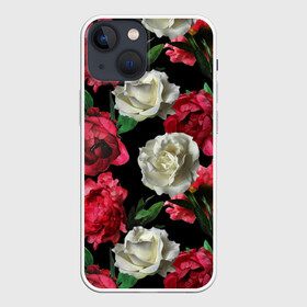 Чехол для iPhone 13 mini с принтом Розы в городе Новоалтайск,  |  | f | flora | flowers | greens | leaves | nature | ornament | patterns | petals | red | roses | style | white | youth | белые | зелень | иллюстрация | красные | лепестки | листья | мода | молодежная | орнамент | природа | розовые | розы | стиль | узоры | фл