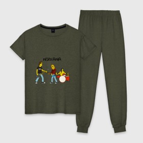 Женская пижама хлопок с принтом Nirvana в стиле simpsons в городе Новоалтайск, 100% хлопок | брюки и футболка прямого кроя, без карманов, на брюках мягкая резинка на поясе и по низу штанин | nirvana | simpsons | барабаны | басы | гитара | курт | курт кобейн | музыканты | мультик | нирвана | рок | симпсоны