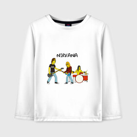 Детский лонгслив хлопок с принтом Nirvana в стиле simpsons в городе Новоалтайск, 100% хлопок | круглый вырез горловины, полуприлегающий силуэт, длина до линии бедер | nirvana | simpsons | барабаны | басы | гитара | курт | курт кобейн | музыканты | мультик | нирвана | рок | симпсоны