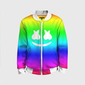 Детский бомбер 3D с принтом Marshmello COLORS в городе Новоалтайск, 100% полиэстер | застегивается на молнию, по бокам два кармана без застежек, мягкие манжеты, по низу бомбера и на воротнике — эластичная резинка | christopher comstock | dj | marshmello | music | диджей | клубная музыка | клубняк | крис комсток | логотип | маршмэллоу | музыка