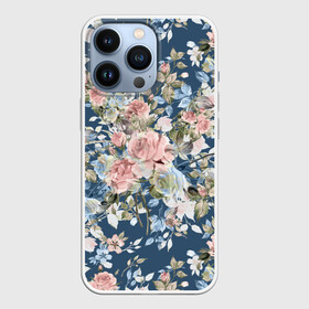 Чехол для iPhone 13 Pro с принтом Розовые розы в городе Новоалтайск,  |  | Тематика изображения на принте: bouquet | fashion | flora | flowers | illustra | nature | ornament | patterns | petals | pink | roses | style | youth | букет | графика | иллюстрация | картинка | лепестки | мода | молодежная | орнамент | природа | рисунок | розовые | розы | синий