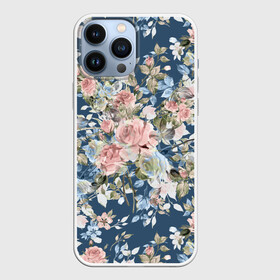 Чехол для iPhone 13 Pro Max с принтом Розовые розы в городе Новоалтайск,  |  | bouquet | fashion | flora | flowers | illustra | nature | ornament | patterns | petals | pink | roses | style | youth | букет | графика | иллюстрация | картинка | лепестки | мода | молодежная | орнамент | природа | рисунок | розовые | розы | синий
