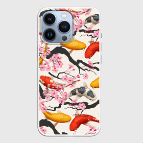Чехол для iPhone 13 Pro с принтом Карпы кои Сакура в городе Новоалтайск,  |  | Тематика изображения на принте: fightin | белые | ветки | вишня | графика | золотая | иллюстрация | карпы | картинка | кои | косяк | красные | мода | молодежная | оранжевые | орнамент | плывут | природа | пятна | рисунок | розовая | рыба