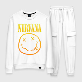 Женский костюм хлопок с принтом NIRVANA в городе Новоалтайск, 100% хлопок | на свитшоте круглая горловина, мягкая резинка по низу. Брюки заужены к низу, на них два вида карманов: два 