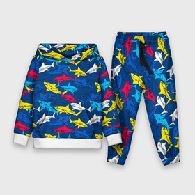 Детский костюм 3D (с толстовкой) с принтом Акулы в городе Новоалтайск,  |  | blue | drawin | fashion | fish | illustration | ocean | predator | red | sea | sharks | style | water | yellow | youth | акулы | вода | графика | жёлтый | иллюстрация | картинка | красный | мода | молодежная | море | океан | рисунок | рыба | син