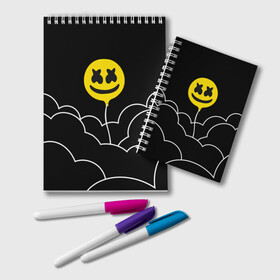 Блокнот с принтом MARSHMELLO - HAPPIER в городе Новоалтайск, 100% бумага | 48 листов, плотность листов — 60 г/м2, плотность картонной обложки — 250 г/м2. Листы скреплены удобной пружинной спиралью. Цвет линий — светло-серый
 | happier | marsh | marshmallow | marshmello | marshmelo | mello | music | smile | диджей | лого | маршмеллов | маршмеллоу | маршмеллу | маршмело | маршмелов | маршмелоу | музыка | музыкант | трэп | улыбка | хаус