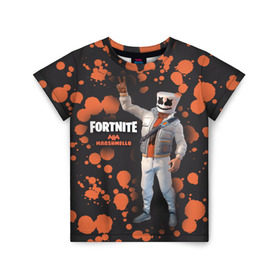 Детская футболка 3D с принтом Fortnite Marshmello в городе Новоалтайск, 100% гипоаллергенный полиэфир | прямой крой, круглый вырез горловины, длина до линии бедер, чуть спущенное плечо, ткань немного тянется | fortnite | marshmallow | save | the | world | битва | борьба | зомби | королевская | маршмэллоу | стратегия | фортнайт