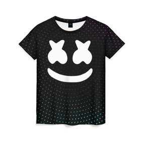Женская футболка 3D с принтом MARSHMELLO Black в городе Новоалтайск, 100% полиэфир ( синтетическое хлопкоподобное полотно) | прямой крой, круглый вырез горловины, длина до линии бедер | black | marsh | marshmallow | marshmello | marshmelo | mello | music | smile | диджей | лого | маршмеллов | маршмеллоу | маршмеллу | маршмело | маршмелов | маршмелоу | музыка | музыкант | трэп | улыбка | хаус