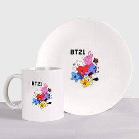 Набор: тарелка + кружка с принтом BT21 Mascots в городе Новоалтайск, керамика | Кружка: объем — 330 мл, диаметр — 80 мм. Принт наносится на бока кружки, можно сделать два разных изображения. 
Тарелка: диаметр - 210 мм, диаметр для нанесения принта - 120 мм. | bangtan boys | bt21mascots | bts | chimmy | cooky | koya | mang | rj | shooky | tata | van