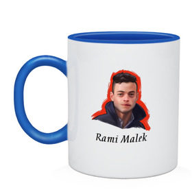 Кружка двухцветная с принтом RAMI MALEK в городе Новоалтайск, керамика | объем — 330 мл, диаметр — 80 мм. Цветная ручка и кайма сверху, в некоторых цветах — вся внутренняя часть | rami malek | мистер робот | мистер робот актер | мистер робот сериал | рами малек | рами малек фильмы